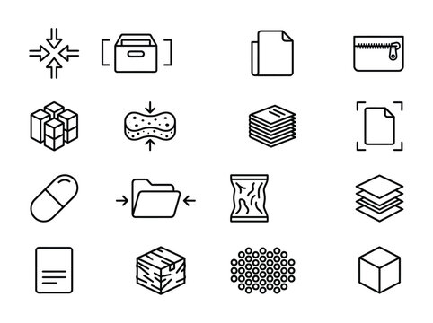 A collection of line icons representing data management, file organization, storage, and compression concepts for digital and physical assets.