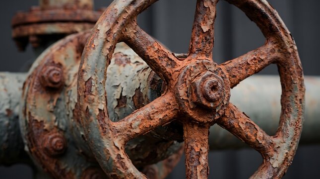 Valve wheel rusted and corroded sits on an old industrial pipe in a neglected facility.