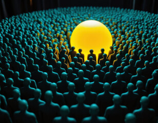 Obraz premium Large crowd of dark silhouetted figures standing around a glowing yellow sphere.
