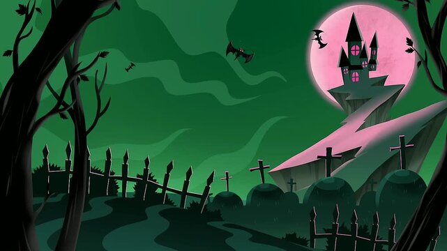 Halloween haunted graveyard background with castle and full moon illustration