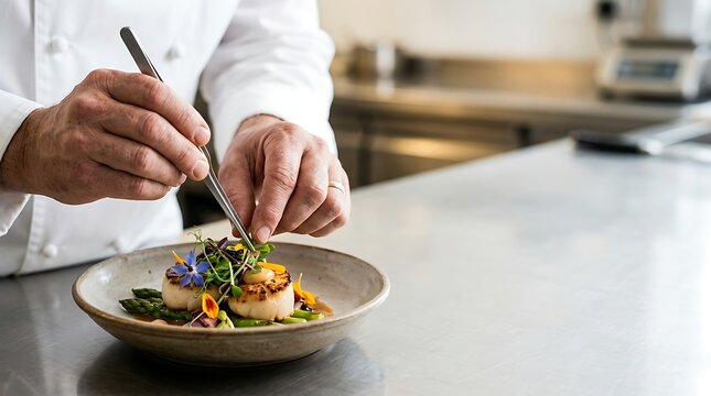 Professional chef plating gourmet scallops with precision tweezers