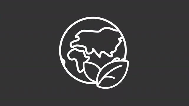 Animated Earth globe with leaves white line icon. Environmental science animation. Virgin nature areas conservation. Ecology care. Isolated element on dark background. Alpha transparent video