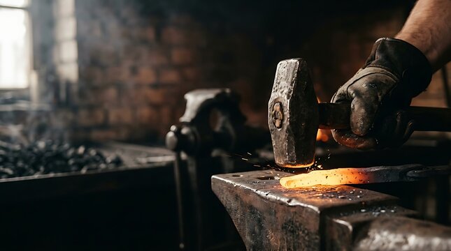 Blacksmith shaping glowing hot metal on an anvil in a forge