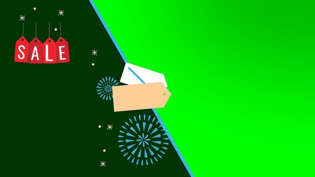 Sale price tag animation on green screen, with festive firework icons on green.
