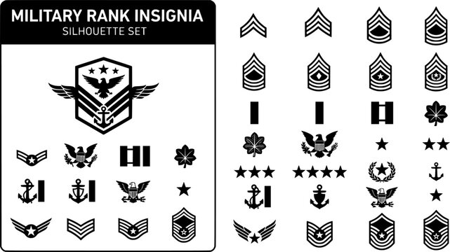 Military Rank Insignia Badge Silhouette Set Black White Bundle Vector Illustration