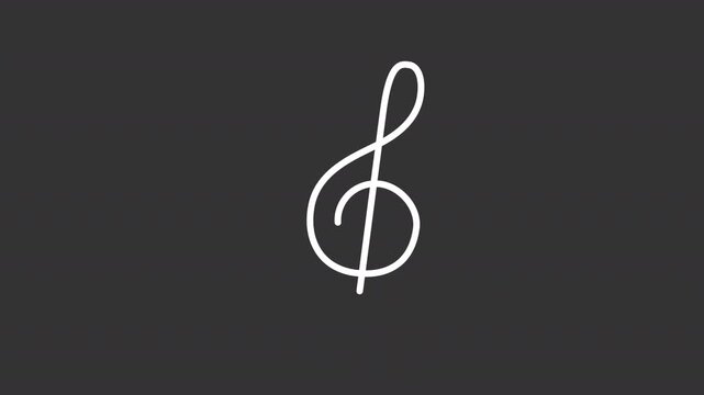 Animated treble clef white line icon. Musical note animation. Symbol of harmonical sound sequence start. Artistic hobby and skills. Isolated element on dark background. Alpha transparent video