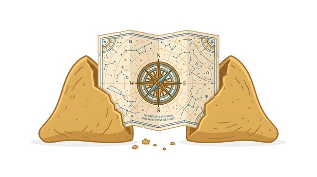 Ancient fortune cookie cracked open revealing nautical compass and star map for navigating void with quote about getting lost for adventure and discovery concept.
