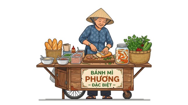 Vietnamese street food vendor preparing b&aacute;nh m&igrave; sandwiches on a rustic wooden cart, displaying fresh ingredients and a sign for phuong đặc biệt sandwiches.