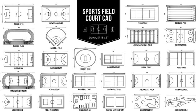 Sports Field Court Plan CAD Silhouette Set Black White Architecture Technical Vector Illustration