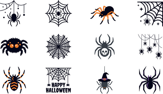 Happy Halloween spider vector bundle featuring skull tarantula witch hat hanging spiders and spooky cobweb bunting graphic icons set isolated on white.