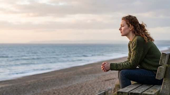 Contemplative woman sitting on a wooden bench by the sea