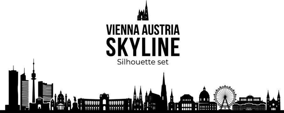 Vienna Austria City Skyline Landmark Silhouette Set Black White Travel Bundle Vector Illustration Isolated White Background
