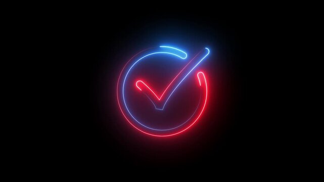 Dual Neon Red and Blue Check Mark in Circle on Black Background tick symbol