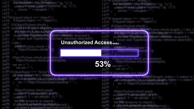 Cyber security breach alert featuring an unauthorized access warning message with a dynamic loading progress bar overlaying complex software source code background, for digital threat, and hacking