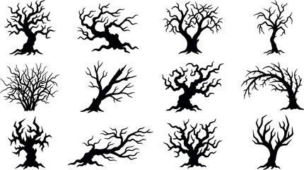Collection of scary black tree silhouettes and twisted winter branch vector icons perfect for gothic landscape patterns haunted forest decoration graphic assets.