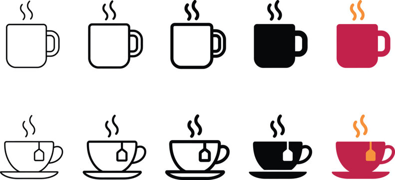 Simple vector illustration set featuring various minimalist coffee mug and tea cup icons displayed in flat black and red colors