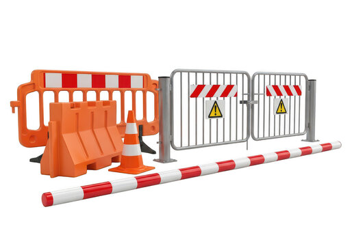 Construction road barriers with caution tape isolated on transparent background