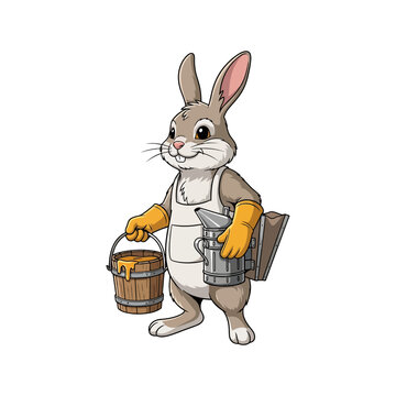 Cute Rabbit Beekeeper Character Holding a Wooden Honey Bucket and Smoker Tool Illustration