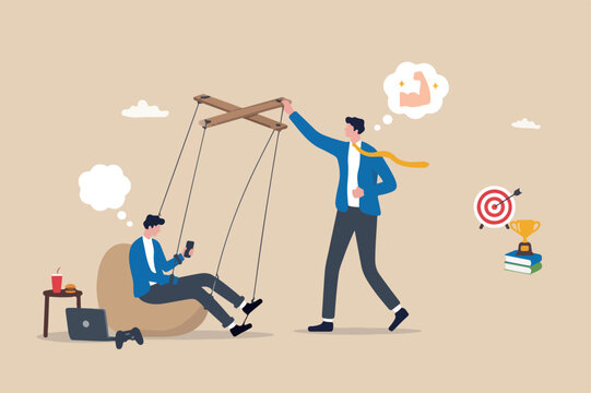 Self control or self discipline, ability to control yourself stop procrastination, manipulate mindset for motivation to success concept, businessman puppet doll try to take control to improve self