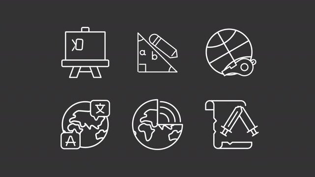 Animated school subjects white line icons. Education system branches animation set. Student knowledge development. Learning process. Isolated elements on dark background. Alpha channel HD video
