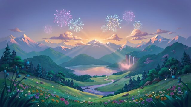 Enchanting 3D landscape featuring a waterfall and fireworks at sunset time