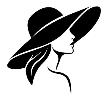 Elegant Beauty Woman Face in Wide Brim Hat Silhouette Vector. Resizable and editable, EPS 10.