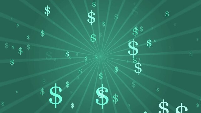 Abstract money background with glowing dollar signs radial light rays animation