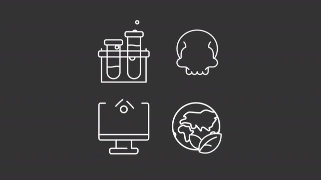 Animated university education white line icons. Academic subjects animation set. Science branches research. Knowledge base. Isolated elements on dark background. Alpha channel HD video