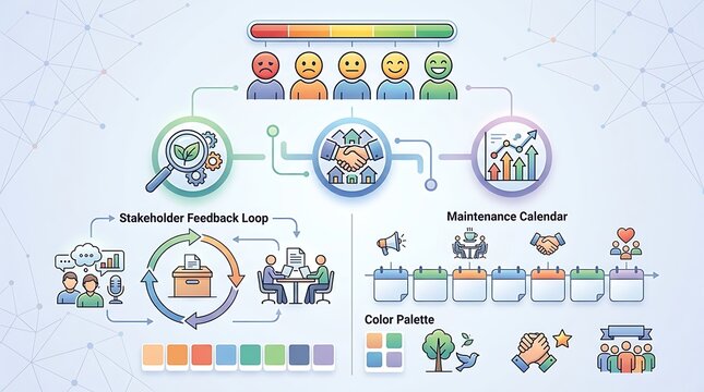 Business infographic with stakeholder feedback loop and project data