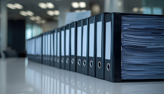 stack of ring binders sits on a sleek desk in a contemporary office setting, created with generative ai