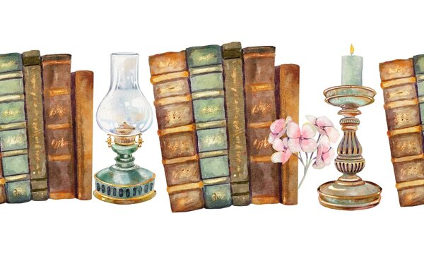 Hand-painted watercolor seamless vintage border with antique books, a green kerosene lantern, and a brass candlestick with a burning candle. Perfect for dark academia, stationery, fabric, wallpaper