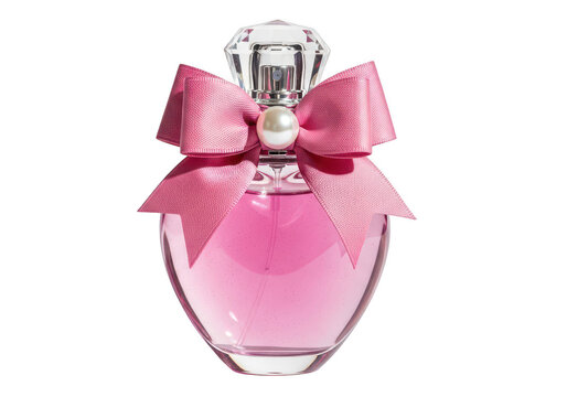 Pink perfume bottle with decorative bow isolated on transparent background