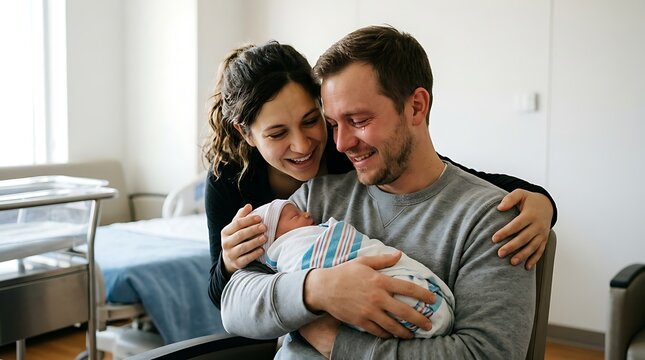 Parents holding newborn baby in hospital with tears of joy