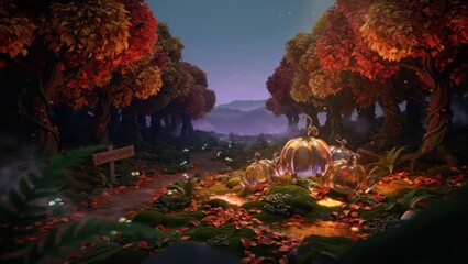 Magical autumn forest pathway with glowing pumpkin carriage in a mystical fairy tale © udoysaha