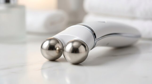 Modern microcurrent facial device for skincare routine on marble countertop in bright spa setting