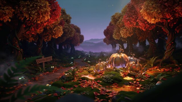 Magical autumn forest pathway with glowing pumpkin carriage in a mystical fairy tale