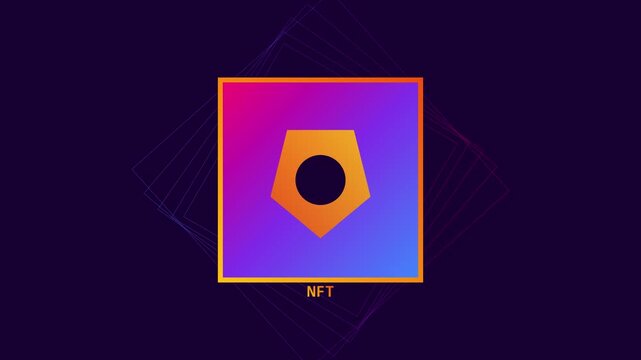 Nft digital animation 4k background, with rotating geometric, pentagonal shape and, gradient colors digital cryptocurrency