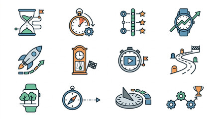 Fototapeta premium Colorful Flat Design Time and Travel Icons Set.