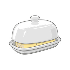 Fototapeta premium A classic butter dish holding a stick of butter. The dish is white ceramic with a lid