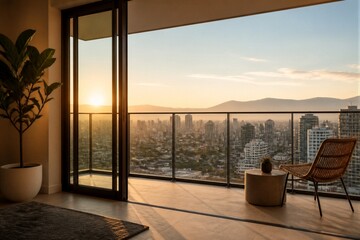Obraz premium Rattan chair on balcony overlooking city skyline at sunrise