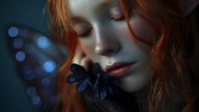 Fantasy close-up portrait of a dark fairy with ginger hair, melancholic expression, holding a dark flower, fantasy realism, generative ai