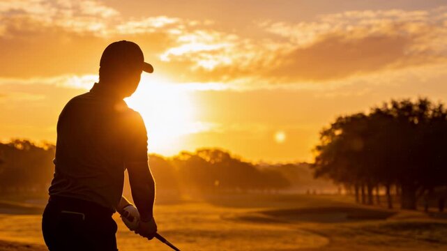Starting backswing top, golfer in cap swinging at tee, driving ball with driver toward fairway