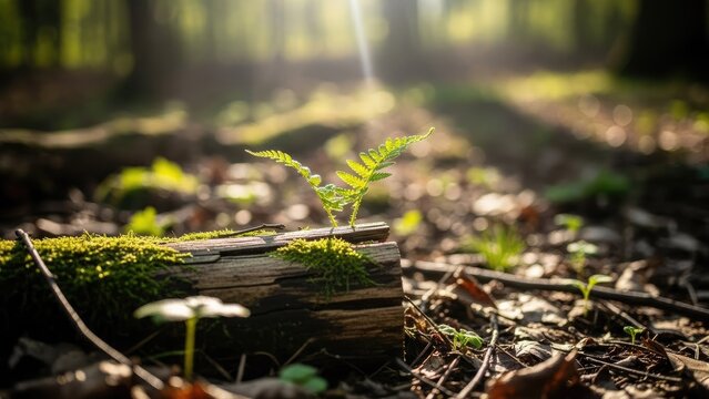 Small green sprout growing from mossy log in forest.