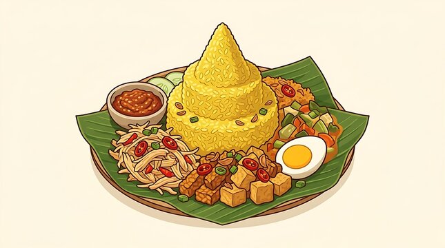 Indonesian traditional nasi tumpeng yellow rice platter illustration