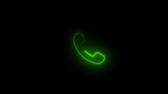 Glowing Green neon telephone handset icon on black background for communication technology, customer service hotline, and technical support assistance concepts.