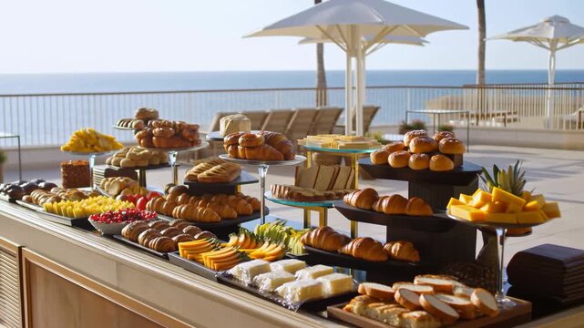 beachside buffet table with relaxed and inviting atmosphere featuring assorted food items and ocean view in a travel and vacation setting with wooden buffet table and glass display cases.