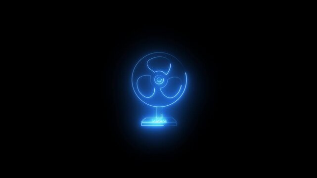 Blue neon glowing electric table fan icon on black background, futuristic minimalist line art vector illustration for cooling ventilation 