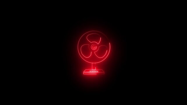 Red neon glowing electric table fan icon on black background, futuristic minimalist line art vector illustration for cooling ventilation 