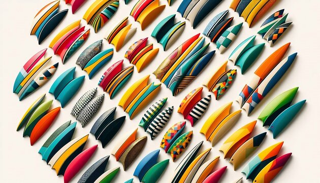 Vibrant collection of colorful abstract surfboard designs arranged in a pattern