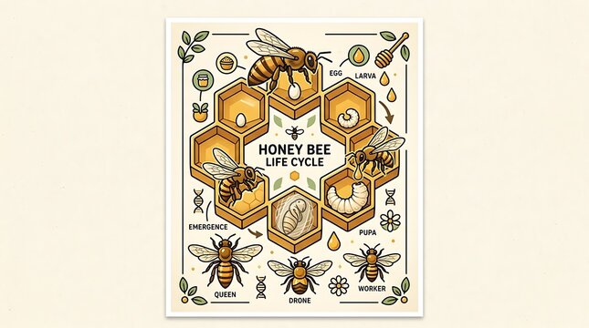 Honey bee life cycle diagram showing development stages in honeycomb
